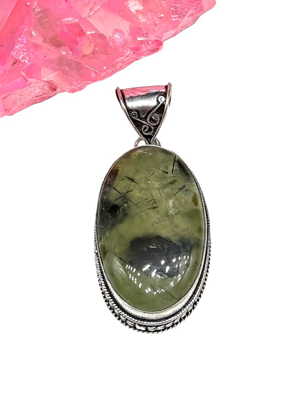 Moss Prehnite Necklace Pendant 925 Sterling Silver Overlay